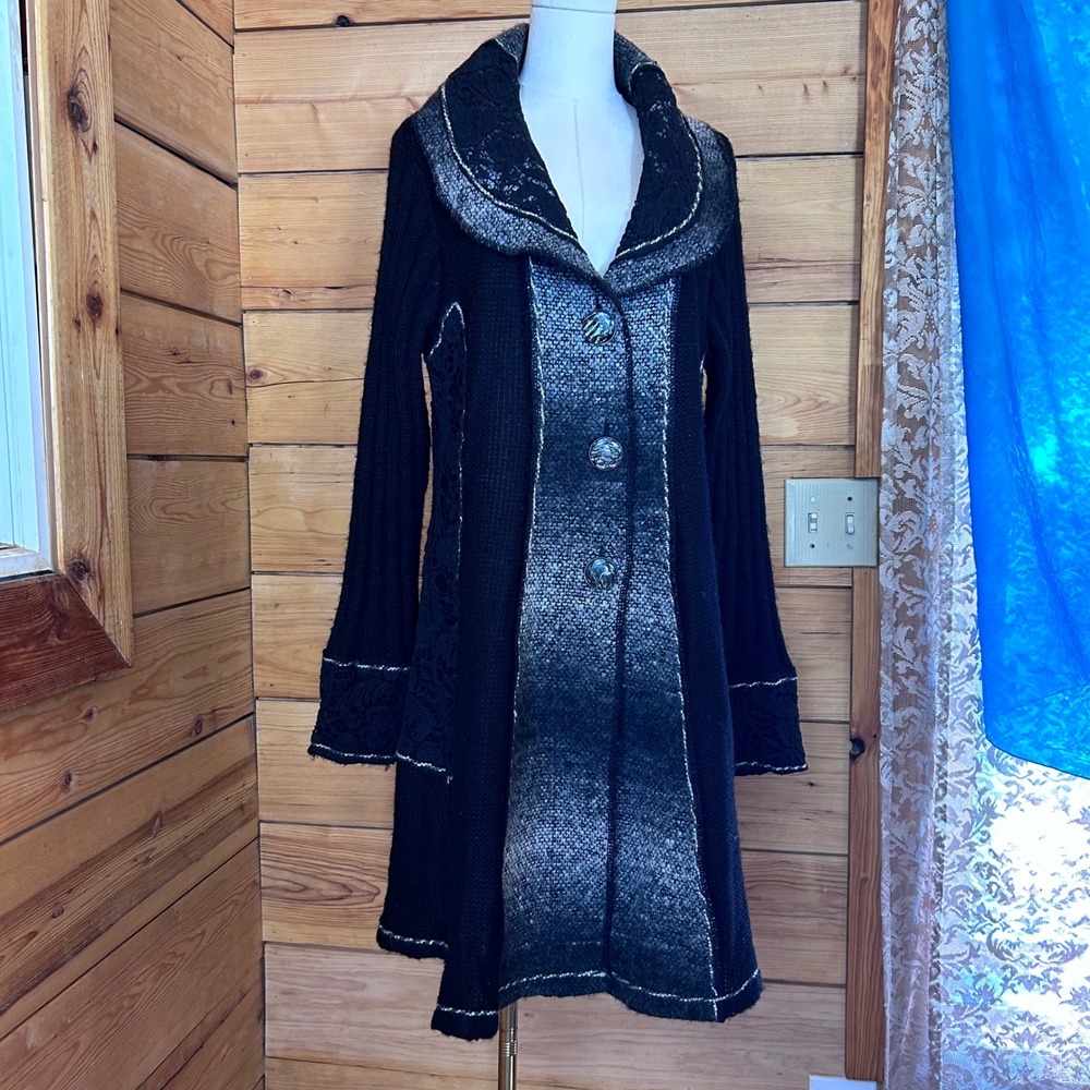 Wool Mohair Duster Cardigan Women Large Black Lace Whimsigoth Papa Vancouver - Picture 7 of 12